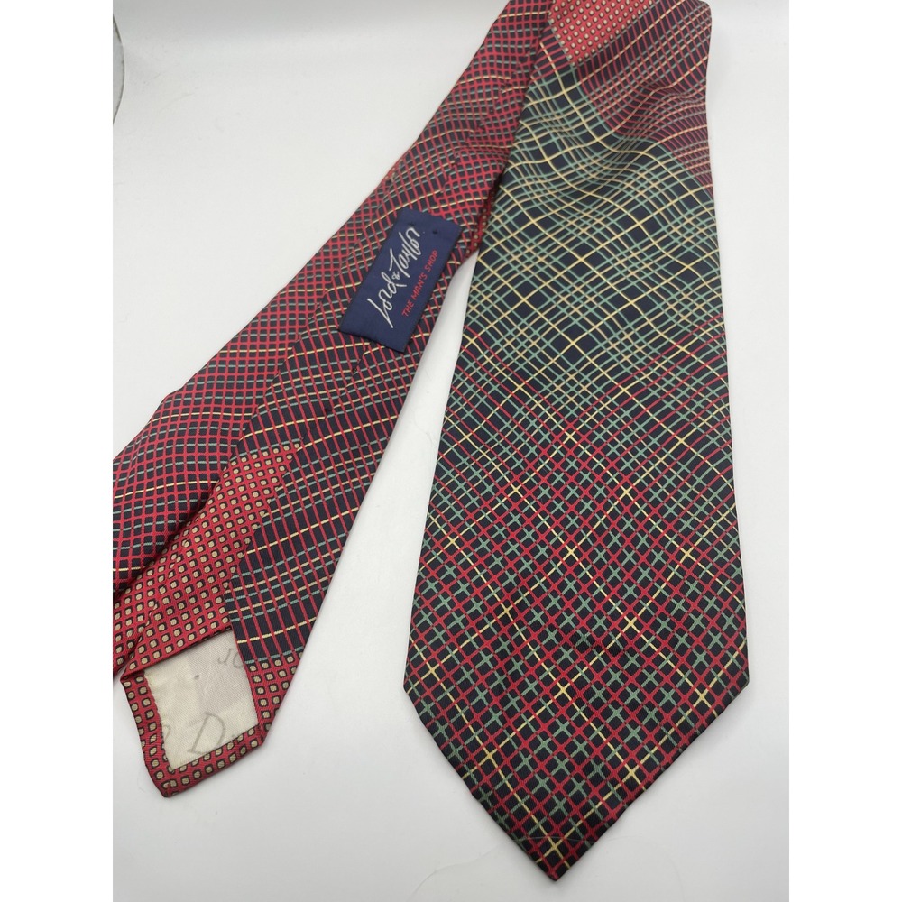 Lord and Taylor Christian Dior Mens Silk Tie Red Green Yellow Geometric Grid